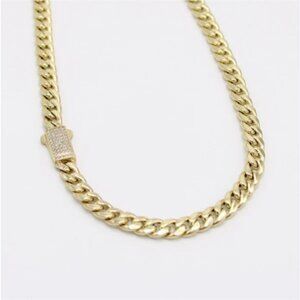 Gold Plated Cuban Link Chain Necklace w/ Pave Security Clasp 18"
